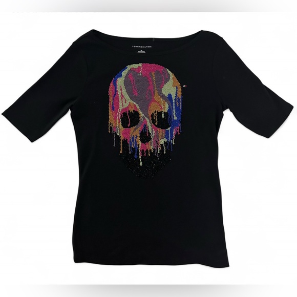 Tommy Hilfiger Black Top with Colorful Skull Design - Picture 1 of 4